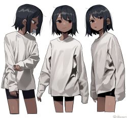 Rule 34 | 1girl, black hair, black shorts, closed mouth, copyright request, cropped legs, dark-skinned female, dark skin, long sleeves, looking to the side, multiple views, open mouth, parted lips, red eyes, shirt, shisoneri, short hair, short shorts, shorts, simple background, sleeves past wrists, twitter username, white background, white shirt