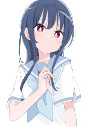 Rule 34 | 1girl, blue hair, blue neckwear, blue sailor collar, blush, bright pupils, closed mouth, collarbone, commentary, hand in own hair, hibike! euphonium, ixy, light frown, long hair, looking at viewer, red eyes, sailor collar, school uniform, serafuku, shirt, short sleeves, sidelocks, simple background, solo, upper body, white background, white shirt, yoroizuka mizore