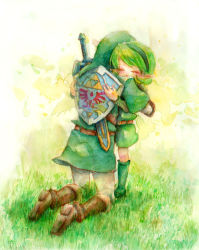 Rule 34 | 1boy, 1girl, age difference, bad id, bad pixiv id, belt, boots, closed eyes, funetail, green footwear, green hair, green theme, hairband, hat, height difference, hug, hylian shield, kneeling, link, nintendo, pointy ears, saria (zelda), sheath, sheathed, shield, shield on back, standing, sword, the legend of zelda, the legend of zelda: ocarina of time, traditional media, weapon