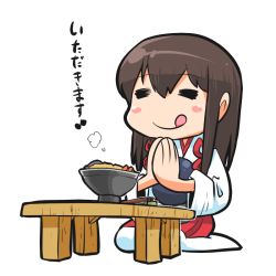 Rule 34 | 1girl, :q, = =, akagi (kancolle), blush stickers, bowl, brown hair, closed mouth, closed eyes, facing viewer, hakama, hakama skirt, japanese clothes, kantai collection, long hair, long sleeves, muneate, own hands together, rariatto (ganguri), red hakama, seiza, simple background, sitting, skirt, smile, solo, tongue, tongue out, translated, white background