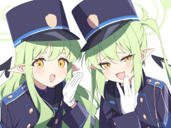 Rule 34 | 2girls, black hat, black shirt, black tail, blue archive, blush, demon tail, fang, gloves, green hair, green halo, hair between eyes, halo, hat, hikari (blue archive), nozomi (blue archive), long hair, long sleeves, looking at viewer, multiple girls, open mouth, peaked cap, pointy ears, shirt, simple background, skin fang, smile, supershiruco, tail, twintails, white background, white gloves, yellow eyes