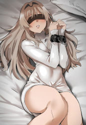 Rule 34 | 028ilc, 1girl, an-94 (girls&#039; frontline), bad id, bad twitter id, bed, bed sheet, black blindfold, blindfold, blush, bound, bound wrists, breasts, chain, dress, girls&#039; frontline, grey hair, highres, lips, long hair, long sleeves, lying, on back, on bed, pillow, silver dress, solo, turtleneck, turtleneck dress