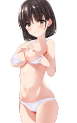 Rule 34 | 1girl, absurdres, bare arms, bare shoulders, bikini, bikini bottom aside, black hair, blush, bob cut, breasts, cleavage, clothing aside, collarbone, covering privates, covering breasts, female focus, halterneck, hand on breast, highres, looking at viewer, marui koishi, medium breasts, navel, original, short hair, simple background, smile, solo, swimsuit, thighs, underboob, white background, white bikini, yellow eyes