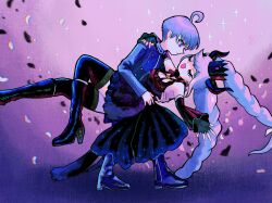 Rule 34 | 1boy, 1girl, ahoge, black dress, black footwear, black gloves, black horns, black thighhighs, blue jacket, boots, braid, breasts, carrying, carrying person, cleavage, closed mouth, commentary request, crown, dancing, dress, fingerless gloves, full body, gloves, hand on another&#039;s shoulder, hands on another&#039;s waist, high heel boots, high heels, highres, horns, jacket, large breasts, long sleeves, looking at another, master detective archives: rain code, medium breasts, open mouth, pink hair, purple eyes, purple hair, shinigami (rain code), short hair, smile, sparkle, thighhighs, twin braids, uyu (yumeyumepop7), yuma kokohead