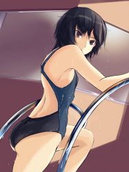 Rule 34 | 1girl, amagami, back, bare shoulders, black hair, breasts, brown eyes, commentary, competition swimsuit, hair strand, irodori-classical, looking at viewer, nanasaki ai, one-piece swimsuit, railing, short hair, small breasts, solo, swimsuit, wet, wet clothes, wet hair, wet swimsuit