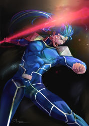 Rule 34 | 1boy, abs, angry, armor, bloodshot eyes, blue hair, bodysuit, cu chulainn (fate), earrings, extra eyes, fangs, fate/stay night, fate (series), gae bolg (fate), glowing, glowing weapon, holding, holding weapon, jewelry, cu chulainn (fate/stay night), long hair, male focus, muscular, open mouth, pauldrons, ponytail, red eyes, shoulder armor, signature, simple background, skin tight, solo, spiked hair, sutocking, throwing, type-moon, weapon