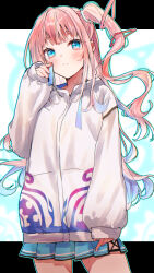 Rule 34 | 1girl, blue eyes, blue skirt, blush, closed mouth, cowboy shot, drawstring, hand up, highres, jacket, long hair, long sleeves, looking at viewer, one side up, pink hair, pleated skirt, propro production, puffy long sleeves, puffy sleeves, skirt, sleeves past wrists, solo, tomozero, very long hair, virtual youtuber, white jacket, yumesaki mia