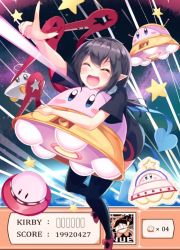 Rule 34 | 1girl, :d, ^ ^, asymmetrical wings, black dress, black hair, black thighhighs, blush, blush stickers, bow, character name, closed eyes, crossover, dress, health bar, houjuu nue, igayan, kirby, kirby&#039;s adventure, kirby&#039;s epic yarn, kirby: planet robobot, kirby (series), laser, nintendo, open mouth, outdoors, outside border, pointing, pointy ears, profile picture, red bow, red footwear, shoes, short dress, short hair, short sleeves, sky, smile, star (sky), star (symbol), starry sky, thighhighs, touhou, ufo, ufo (kirby), ufo kirby, wings