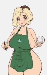 Rule 34 | 1girl, apron, areola slip, bare shoulders, barista, blonde hair, bottomless, breasts, closed mouth, cup, curvy, disposable cup, highres, holding, holding cup, holding marker, honeyshaman, iced latte with breast milk (meme), large breasts, marker, mature female, meme, naked apron, original, photo-referenced, real life, short hair, solo, starbucks, topless, white background, wide hips, yellow eyes