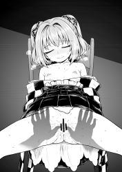 Rule 34 | 1girl, bar censor, bell, blush, breasts, censored, closed mouth, closed eyes, facing viewer, greyscale, hair bell, hair ornament, head tilt, highres, itou yuuji, jingle bell, monochrome, motoori kosuzu, nipples, on chair, pussy, sitting, sleep molestation, sleeping, small breasts, spread legs, spread pussy, sweat, touhou, two side up