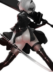 Rule 34 | 1girl, ass, black dress, black gloves, black hairband, black thighhighs, blindfold, breasts, brown thighhighs, cleavage, cleavage cutout, closed mouth, clothing cutout, dress, feather-trimmed sleeves, from behind, gloves, hairband, leotard, mole, mole under mouth, nier:automata, nier (series), shiny clothes, short hair, side slit, skindentation, skirt, solo, thighhighs, thighs, tohogaeru, vambraces, white gloves, white hair, 2b (nier:automata)