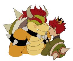 Rule 34 | 2boys, absurdres, armlet, bad id, bad twitter id, blush, bowser, closed eyes, crown, fangs, hand on another&#039;s chin, height difference, highres, horns, kendy (revolocities), looking at another, lord peach, male focus, mario (series), multiple boys, new super mario bros. u deluxe, nintendo, red hair, shell, simple background, spiked armlet, thick eyebrows, white background, yaoi