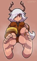 Rule 34 | 1girl, animal ears, antlers, barefoot, horns, knees, reathroch, simple background, spooky&#039;s house of jump scares, steaming body, sweat, tail, tirsiak, white hair