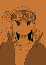 Rule 34 | 1girl, absurdres, adjusting eyewear, bad id, bad pixiv id, blunt bangs, closed mouth, commentary request, expressionless, goggles, hand up, highres, jacket, looking at viewer, monochrome, orange background, orange theme, original, simple background, solo, turquoise iro, unzipped, upper body