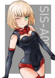 Rule 34 | 1girl, 30 minutes sisters, black leotard, blonde hair, border, breasts, cleavage, cleavage cutout, clenched hands, clothing cutout, covered navel, green eyes, grey background, highres, leotard, medium breasts, one eye closed, pottya, short hair, smile, solo, tiasha (30ms), white border
