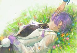 Rule 34 | 2boys, chenyao4444444, closed eyes, eiden (nu carnival), field, flower, flower field, hand on own stomach, hand through hair, kuya (nu carnival), male focus, multiple boys, nu carnival, off screen male character, offscreen male, petals, pom pom (clothes), purple hair, short hair, sleeping