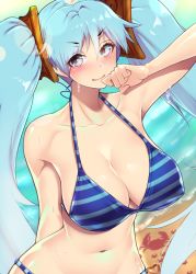 Rule 34 | &gt;:), 1girl, akoniii, bare arms, bare shoulders, beach, big hair, bikini, blue eyes, blue hair, blush, breasts, cleavage, closed mouth, collarbone, covered erect nipples, crab, hair ornament, large breasts, league of legends, long hair, looking at viewer, matching hair/eyes, navel, shiny skin, solo, sona (league of legends), stomach, striped bikini, striped clothes, swimsuit, twintails, upper body, v-shaped eyebrows, very long hair, wet