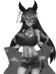 Rule 34 | 1girl, bike shorts, breasts, cleavage, closed mouth, clothes pull, cowboy shot, dark-skinned female, dark skin, ear piercing, frown, greyscale, highres, horse girl, huge breasts, kamen no hito, long hair, looking at viewer, low twintails, monochrome, muscular, muscular female, navel, piercing, pulling own clothes, solo, sports bra, spot color, standing, stream, sweat, symboli kris s (umamusume), twintails, umamusume, very long hair