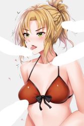 Rule 34 | 1girl, bikini, blonde hair, blush, bow, braid, censored, cum, cumdrip, fate/apocrypha, fate/grand order, fate (series), fellatio, front-tie bikini top, front-tie top, green eyes, grey background, hanada yanochi, licking, long hair, mordred (fate), mordred (fate) (all), mordred (fate/apocrypha), mordred (swimsuit rider) (fate), mordred (swimsuit rider) (first ascension) (fate), multiple penises, oral, penis, ponytail, red bikini, solo focus, swimsuit, tears, tongue, tongue out, trembling, upper body