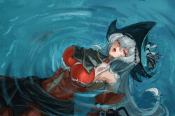 Rule 34 | 1girl, absurdres, aqua hat, arknights, bare shoulders, clothing cutout, commentary, detached sleeves, dress, grey hair, hat, highres, lanshan, long hair, looking at viewer, navel, navel cutout, one eye closed, open mouth, partially submerged, red dress, red eyes, skadi (arknights), skadi the corrupting heart (arknights), solo, very long hair, water