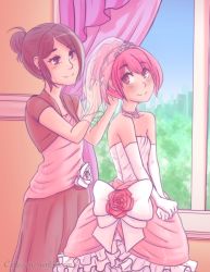Rule 34 | 10s, 2girls, adjusting hair, alternate hairstyle, bare shoulders, blush, bow, bridal veil, bride, caffeccino, curtains, dress, earrings, elbow gloves, eyebrows, eyelashes, eyes visible through hair, flower, frilled dress, frills, gloves, gown, hair bun, hair up, happy, indoors, jewelry, kaname junko, kaname madoka, layered dress, looking at another, mahou shoujo madoka magica, mahou shoujo madoka magica (anime), mother and daughter, multicolored clothes, multicolored dress, multiple girls, necklace, own hands together, parted bangs, pink eyes, pink flower, pink hair, pink rose, purple eyes, purple hair, rose, short hair, short sleeves, single hair bun, skyline, smile, standing, strapless, strapless dress, v arms, veil, watermark, web address, wedding dress, white bow, white flower, white gloves, white rose, window