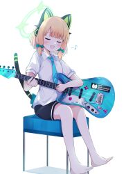 Rule 34 | 1girl, animal ear headphones, animal ears, barefoot, black shorts, blonde hair, blue archive, blue necktie, blush, bow, closed eyes, collared shirt, eighth note, electric guitar, fake animal ears, green bow, green halo, guitar, hair bow, halo, headphones, highres, instrument, midori (blue archive), musical note, necktie, open mouth, preste, shirt, short hair, short sleeves, shorts, simple background, sitting, smile, solo, toes, white background, white shirt
