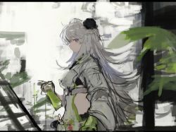 Rule 34 | 1girl, absurdres, arknights, backlighting, bottle, breasts, bun cover, closed mouth, double bun, from side, gloves, green gloves, grey hair, hair bun, highres, holding, koba (jdhikdjdkfiwufh), ladder, large breasts, long hair, long sleeves, looking at viewer, looking to the side, mulberry (arknights), mulberry (plant crude drug) (arknights), official alternate costume, purple eyes, sideless outfit, sketch, solo, spray bottle, very long hair
