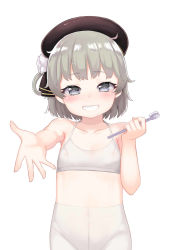 Rule 34 | 1girl, atg (wttoo0202), bare arms, bare shoulders, beret, black hat, black ribbon, blush, bra, collarbone, commentary request, crotch seam, flower, grey eyes, grin, hair flower, hair ornament, hair rings, hat, hatoba tsugu, highres, holding, holding toothbrush, looking at viewer, mole, mole under eye, outie navel, outstretched arm, pantyhose, ribbon, rose, silver hair, simple background, smile, solo, toothbrush, training bra, underwear, underwear only, upper body, virtual youtuber, white bra, white flower, white pantyhose, white rose