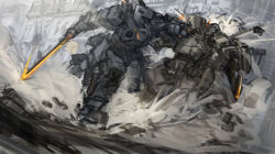 Rule 34 | commentary, dust cloud, english commentary, falling, fighting, ground shatter, highres, holding, holding sword, holding weapon, looking to the side, mecha, no humans, original, punching, robot, sketch, sword, weapon, xerbatt
