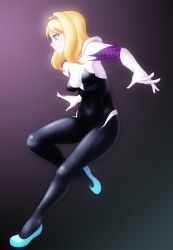 Rule 34 | 1girl, animification, black background, blonde hair, blue hair, bodysuit, breasts, covered navel, finalcake, from side, full body, gloves, gradient background, gwen stacy, hairband, headband, highres, hip focus, hood, hood down, hooded bodysuit, impossible bodysuit, impossible clothes, jumping, light smile, long hair, looking to the side, marvel, medium breasts, parted bangs, profile, short hair, smile, spider-gwen, spider-man (series), spider-woman, spider web print, superhero costume