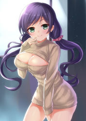 Rule 34 | 10s, 1girl, bad id, bad pixiv id, blush, breasts, cleavage, cleavage cutout, clothing cutout, green eyes, harimoji, highres, large breasts, long hair, looking at viewer, love live!, love live! school idol project, meme attire, open-chest sweater, purple hair, ribbed sweater, smile, solo, sweater, tojo nozomi, turtleneck, twintails