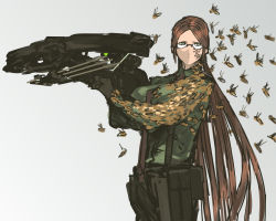 Rule 34 | 1girl, alternate hairstyle, bad hands, bow (weapon), breasts, brown hair, bug, cowboy shot, crossbow, female focus, glasses, glasses girl (nameo), gradient background, highres, huge weapon, large breasts, long hair, low twintails, nameo (judgemasterkou), original, parted bangs, poorly drawn, scope, semi-rimless eyewear, solo, stand (jojo), suspenders, trypophobia, twintails, under-rim eyewear, very long hair, weapon