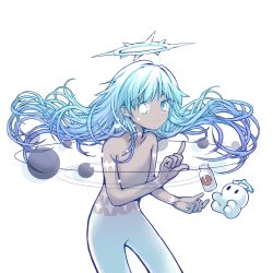 Rule 34 | 1other, androgynous, aqua eyes, aqua hair, aqua halo, ba ren bi, bottle, closed mouth, dark skin, glowing, glowing eye, halo, hand up, heterochromia, highres, index finger raised, k2 (mili), long hair, looking at viewer, mascot, mili (band), milk bottle, no nipples, solar system, spiked halo, stitched arm, stitched neck, stitches, tears, topless, torino (mili), transparent, very long hair, white eyes