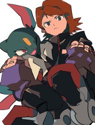 Rule 34 | 1boy, black eyes, black jacket, closed eyes, closed mouth, creatures (company), fang, frown, game freak, gen 2 pokemon, hands on own knees, happy, highres, jacket, looking at viewer, nintendo, pokemon, pokemon (creature), pokemon gsc, red hair, serious, silver (pokemon), sitting, sneasel, squatting, zianazu