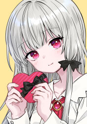 Rule 34 | 1girl, absurdres, ama-tou, ascot, blush, box, brooch, closed mouth, collared shirt, commentary request, gift, gift box, grey hair, heart-shaped box, highres, holding, holding gift, jewelry, long hair, long sleeves, looking at viewer, portrait, red ascot, red eyes, shirt, sidelocks, simple background, smile, solo, sophie twilight, tonari no kyuuketsuki-san, white shirt, yellow background