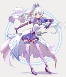 Rule 34 | 1girl, adapted costume, blue eyes, coattails, detached sleeves, dress, elbow gloves, gloves, high heels, highres, iesupa, long hair, ponytail, rapier, rwby, scar, scar across eye, scar on face, side ponytail, simple background, solo, sword, thighhighs, tiara, weapon, weiss schnee, white hair