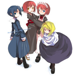 Rule 34 | 00s, 4girls, apron, arcueid brunestud, bad anatomy, bad perspective, bad proportions, between fingers, blonde hair, blue dress, blue eyes, blue hair, bow, ciel (tsukihime), cross, dress, full body, habit, hair bow, hisui (tsukihime), holding, hug, japanese clothes, kimono, kohaku (tsukihime), leaning forward, long skirt, long sleeves, looking at viewer, looking back, maid, maid apron, maid headdress, multiple girls, obi, obscur, pantyhose, poorly drawn, purple skirt, red eyes, red hair, sandals, sash, short hair, siblings, simple background, sisters, skirt, standing, sweater, tsukihime, turtleneck, twins, yellow eyes, zouri