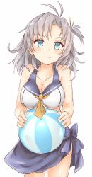 Rule 34 | 10s, 1girl, adapted costume, antenna hair, aqua eyes, azuhira, barefoot, bikini, breasts, cleavage, collarbone, cowboy shot, grey hair, hair tie, kantai collection, kinugasa (kancolle), large breasts, looking at viewer, pink hair, sarong, simple background, smile, solo, swept bangs, swimsuit, white background