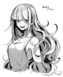 Rule 34 | 1girl, alternate hair length, alternate hairstyle, blunt bangs, blush, boku no hero academia, breasts, cleavage, collarbone, fangs, greyscale, long hair, looking at viewer, medium breasts, monochrome, open mouth, simple background, sketch, smile, solo, takatsuki ichi, teeth, toga himiko, translated, upper body, very long hair, white background