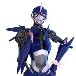 Rule 34 | 1girl, 3d, absurdres, andypurro, arcee, blender (medium), blue eyes, breasts, hand on own chin, hand on own hip, highres, humanoid robot, medium breasts, robot, robot girl, solo, transformers, transformers prime, wings