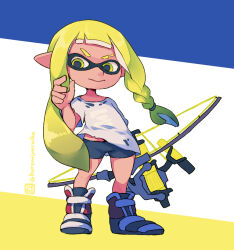 Rule 34 | 1girl, black footwear, black shorts, blonde hair, blue background, boots, braid, eyebrow cut, full body, inkling, inkling girl, inkling player character, kuromiya, long hair, nintendo, one-hour drawing challenge, pointy ears, shirt, short eyebrows, short shorts, short sleeves, shorts, single braid, solo, splatoon (series), standing, thick eyebrows, twitter username, two-tone background, v-shaped eyebrows, very long hair, white background, white shirt, yellow background