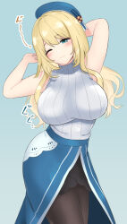 Rule 34 | 1girl, aqua eyes, atago (kancolle), beret, black pantyhose, blonde hair, blue hat, blue skirt, breasts, closed mouth, gradient background, hair between eyes, hat, highres, kantai collection, large breasts, long hair, nanashiki fuuka, one eye closed, pantyhose, ribbed sweater, skirt, solo, sweater, white sweater