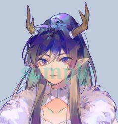 Rule 34 | 1girl, antlers, blue background, blue hair, blunt ends, chinese commentary, cleavage cutout, closed mouth, clothing cutout, collarbone, collared shirt, commentary request, deer antlers, eyelashes, fur scarf, hair between eyes, high ponytail, horns, long hair, looking at viewer, original, pointy ears, purple eyes, sample watermark, scarf, shirt, sidelocks, simple background, smile, solo, thick eyebrows, upper body, watermark, white scarf, white shirt, yanmian (printemps-noir)