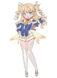 Rule 34 | 1girl, blade (galaxist), blonde hair, boots, drill hair, erika oldenburg, fairy, full body, green eyes, long hair, long sleeves, looking at viewer, low wings, official art, open mouth, pleated skirt, pointy ears, pop-up story, simple background, skirt, smile, solo, thigh boots, thighhighs, two side up, white background, white thighhighs, wings, wrist cuffs