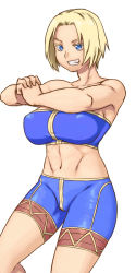 Rule 34 | 1girl, abs, adapted costume, bandeau, bare shoulders, bike shorts, blonde hair, blue eyes, breasts, cracking knuckles, female focus, final fantasy, final fantasy tactics, grin, large breasts, monk, monk (fft), navel, short hair, shorts, simple background, smile, solo, strapless, toned, tsukudani (coke-buta), tube top, white background