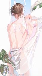 Rule 34 | 1boy, back, bishounen, brown hair, cream on body, eiden (nu carnival), everydaysleep, highres, jewelry, male focus, nu carnival, open clothes, see-through, shirt, short hair, solo, white shirt