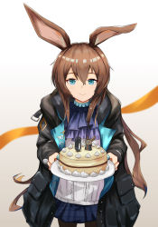 Rule 34 | 1girl, absurdres, amiya (arknights), animal ears, arknights, ascot, bai shiro@, black jacket, black pantyhose, blue ascot, blue collar, blue eyes, blue skirt, brown hair, cake, collar, cowboy shot, doctor (arknights), food, grey background, hair between eyes, hands up, highres, holding, holding cake, holding food, jacket, jewelry, long hair, long sleeves, looking at viewer, neck ring, open clothes, open jacket, orange ribbon, pantyhose, plaid, plaid skirt, rabbit ears, rabbit girl, ribbon, shirt, simple background, skirt, smile, solo, white shirt