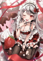 Rule 34 | 1girl, absurdres, alternate costume, apron, black footwear, black hair, black thighhighs, bow, braid, breasts, chocolate, choker, cleavage, collar, detached collar, dress, food, frilled collar, frills, fruit, grey hair, hair bow, hair ornament, hairpin, high heels, highres, hololive, large breasts, long hair, looking at viewer, maid, maid apron, maid headdress, multicolored hair, nail polish, one eye closed, pleated dress, red bow, red choker, red dress, red eyes, red nails, rkc, sakamata chloe, single braid, smile, solo, strawberry, streaked hair, thighhighs, tongue, tongue out, torn clothes, torn thighhighs, virtual youtuber, white apron, white collar, x hair ornament