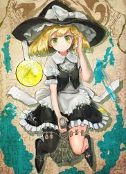 Rule 34 | 1girl, absurdres, apron, ashiyama yoshinori, black footwear, black hat, black pantyhose, black skirt, black vest, blonde hair, bow, broom, broom riding, closed mouth, collared shirt, commentary request, flask, frilled apron, frilled hat, frilled shirt collar, frilled skirt, frills, full body, green eyes, hair bow, hand in own hair, hat, hat bow, highres, kirisame marisa, looking at viewer, medium hair, pantyhose, pointy footwear, puffy short sleeves, puffy sleeves, round-bottom flask, shirt, shoes, short sleeves, single leg pantyhose, skirt, smile, solo, star-shaped pupils, star (symbol), symbol-shaped pupils, test tube, thigh strap, touhou, vest, white apron, white bow, white shirt, witch hat