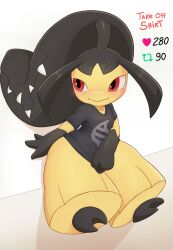 1girl arrow_(symbol) averting_eyes barefoot big_hair black_hair black_shirt black_skin blush body_freckles bottomless closed_mouth clothed_pokemon collarbone colored_skin creatures_(company) english_text extra_mouth feet female_focus flat_chest freckles full_body game_freak gen_3_pokemon happy heart large_variant_set long_hair looking_to_the_side mawaifu mawile mega_evolution_symbol multicolored_skin nintendo nose_blush pokemon pokemon_(creature) ponytail red_eyes sharp_teeth shirt shirt_tug short_sleeves shortstack simple_background sitting smile solo teeth thick_thighs thighs twitter_strip_game two-tone_skin variant_set very_long_hair white_background wide_hips yellow_skin